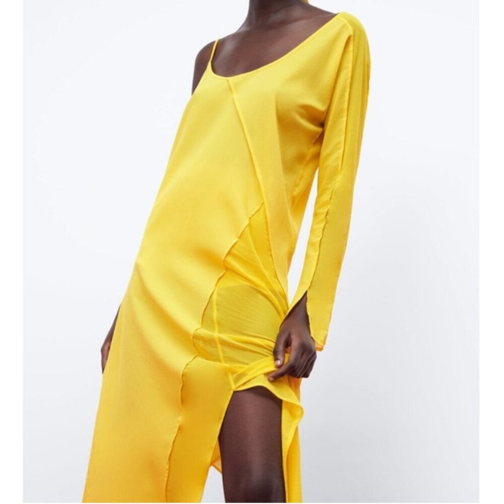 NEW Zara Bright Yellow Asymmetrical One Shoulder Flowy Gauze Maxi Dress SZ S